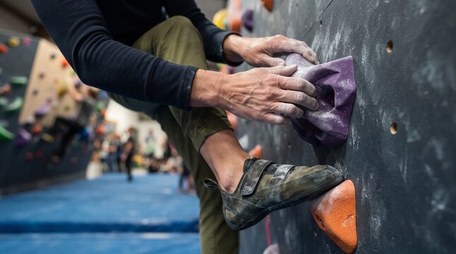 Climber grips bright holds during a focused traverse