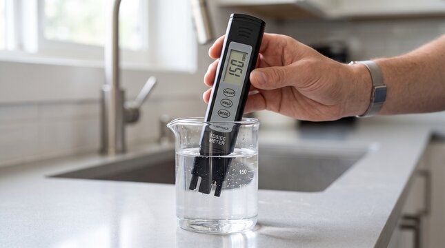 Person holding digital water quality tester in glass beaker to measure purity