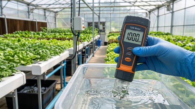 Hand in blue glove using a digital meter to test water parameters in a modern hydroponic greenhouse, ensuring optimal conditions for growing fresh leafy green vegetables