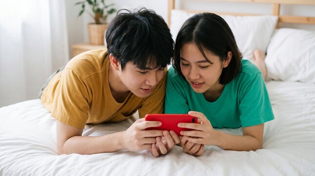 A young couple in casual clothing lies on a white bed, looking at a smartphone together, enjoying a shared activity