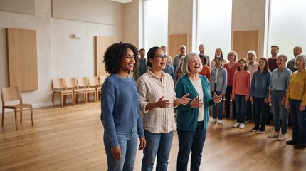 Obraz premium Community choir begins a bright hall rehearsal