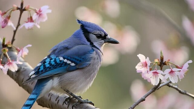Beautiful Blue Jay Bird Perched on Cherry Blossom Branch in Spring Nature Scene