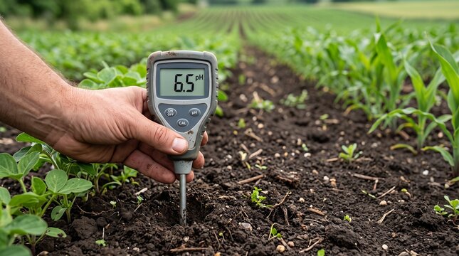 Farmer measuring soil pH level with digital meter in a green crop field for agricultural research