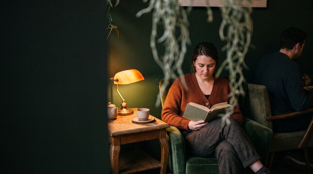 Quiet reader rests in a secluded cafe alcove with tea