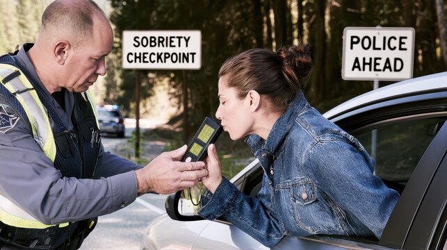 Police officer conducting roadside sobriety test on young male driver during checkpoint stop