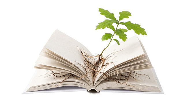 Growing plant with roots inside open book concept for education development knowledge growth personal wisdom learning isolated on transparent background