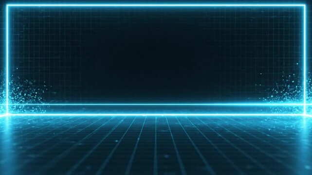 Glowing blue neon light frame with digital grid floor for product display presentation in a dark virtual reality