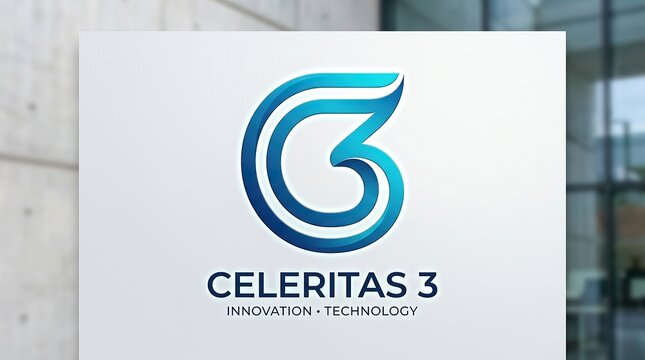 Modern blue gradient letter C and number 3 logo design on a white wall background