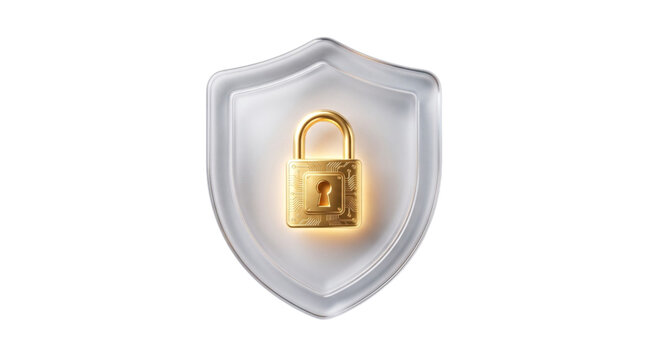 Digital security shield with pad lock icon for data protection cybersecurity system privacy insurance interface component isolated on transparent background
