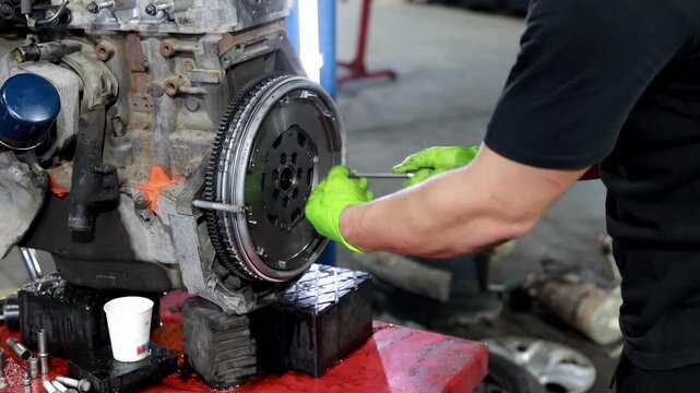 Mechanic Repairing Automotive Clutch Assembly on Engine in Auto Repair Workshop