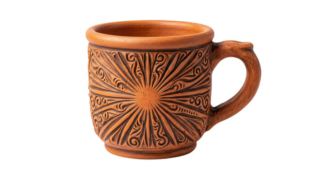 Handmade terracotta clay mug with sunburst carvings, rustic ceramic coffee cup, traditional pottery vessel on white background