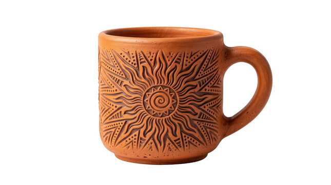 Rustic terracotta mug with sun carving, handmade clay coffee cup on white background, ethnic pottery vessel for kitchen decor