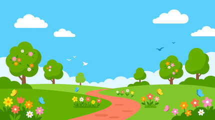 Naklejka premium Colorful cartoon nature landscape with a winding red path, green grass, trees, and flowers under a blue sky with clouds