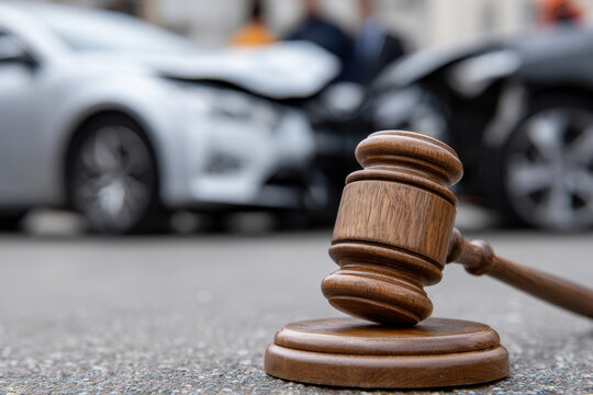 Traffic Accident Lawsuit and Legal Responsibility Concept. Judge Gavel Near Wrecked Cars in City Street