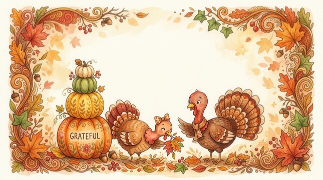 Autumn harvest gratitude. Two cute turkeys with a stacked pumpkin tower and fall foliage frame, festive seasonal greeting card background.
