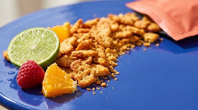 Fresh fruit contrasts with processed snack crumbs in macro