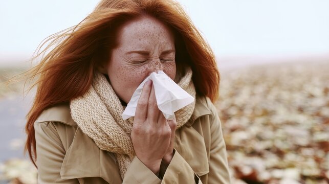 Red haired woman with freckles blowing nose into tissue outdoors in autumn season