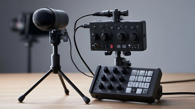 Professional audio equipment setup on wooden surface featuring microphone  mixer and control unit with cables connected