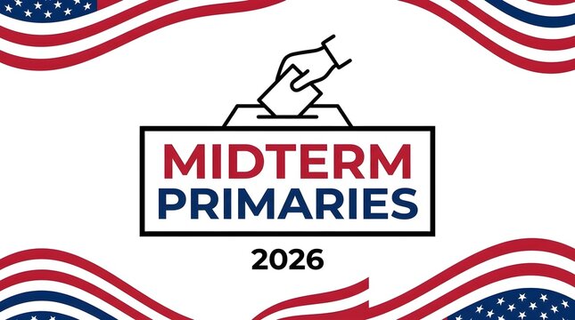 Midterm Primaries 2026 election graphic with American flag motifs and a hand casting a vote.