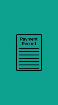 Minimalist line depicting a payment record document with horizontal lines and a percentage symbol in a circle on a blue background.
