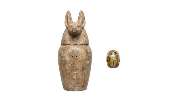 Ancient Egyptian canopic jar with a jackal head and a scarab beetle amulet isolated on a white background for educational exhibits, historical research, and creative design projects.