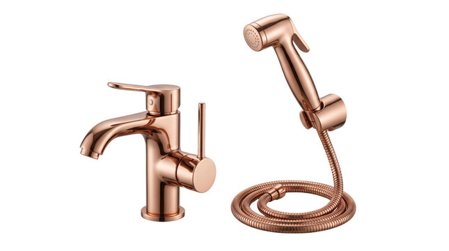 Rose gold bathroom faucet and bidet sprayer set, luxury copper finish plumbing fixtures, modern washbasin mixer with handheld shower