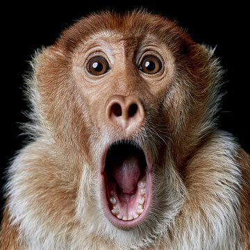 Extreme close up portrait of a surprised macaque monkey with mouth wide open