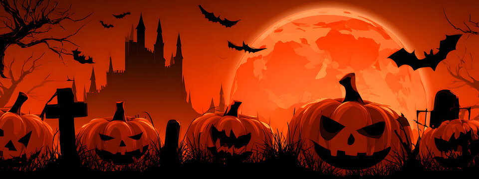 A spooky big orange moon, a cemetery, a scary castle, and Halloween-themed pumpkins, bats, and festive decorations&mdash;vector illustration for flyers, posters, or banners.