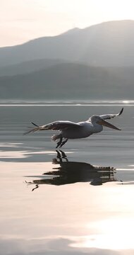 Beautiful Dalmatian pelican flying at the sunset with blue sky at the background