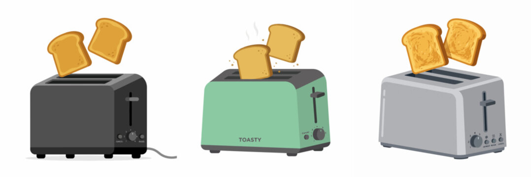 Set of three kitchen toasters with bread slices isolated on white