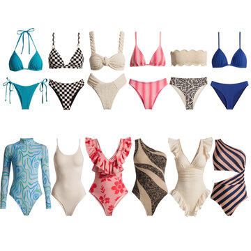 different styles of women's swimwear arranged in two rows on a plain white background. The top row features a teal triangle bikini with string ties, a pink sports bra-style top, and an olive green rac