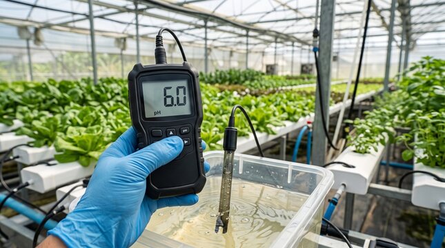 Hand holding digital pH meter testing water quality in a hydroponic greenhouse with lettuce