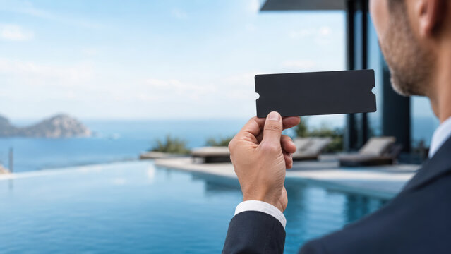 Luxury resort ticket pool ocean travel vacation relaxation business tropical summer leisure exclusive getaway and happiness. man suit holds blank