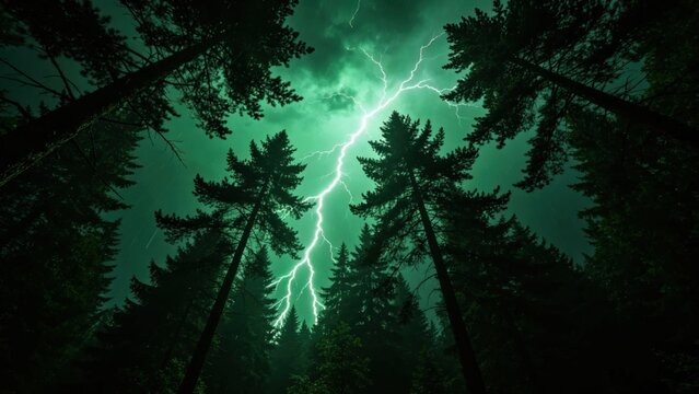 Lightning illuminating tall pine tree silhouettes