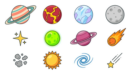 Colorful Space and Planet Illustration Collection with Saturn Earthlike Planets Moon Sun Comet Asteroid Stars and Cosmic Elements © Priyanka