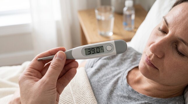 Sick woman lying in bed suffering from high fever with digital thermometer measuring body temperature