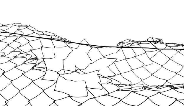  Damaged chain link fence panel with large hole security industrial boundary perimeter protection construction material background illustration isolated weathered restraint entanglement