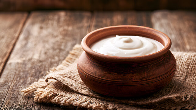Traditional clay pot filled with fresh homemade yogurt or curd, placed on a rustic burlap cloth against a wooden table background