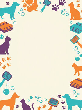 Cute Pet Grooming Illustrated Frame with Cat and Dog Silhouettes, Towels, Brushes, Bubbles, and Paw Prints Border on Light Background with Copy Space