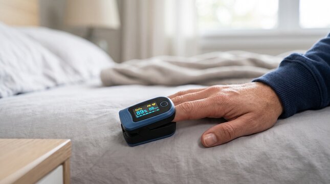 Pulse oximeter on finger of male patient in bedroom for oxygen level monitoring and heart rate measurement during recovery
