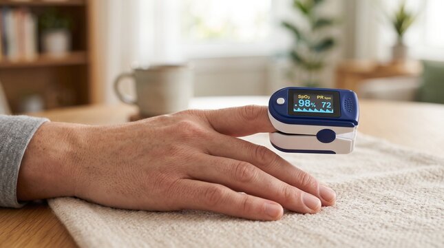 Person using a fingertip pulse oximeter device to measure blood oxygen levels and heart rate at home