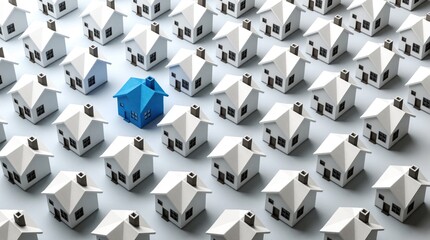 Obraz premium Single bright blue house stands out among many identical white houses. Unique property represents individuality in real estate market. Concept of choosing different home, investment opportunity
