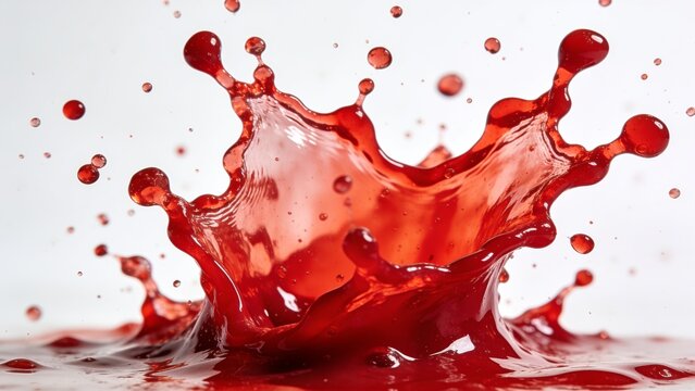 a high-resolution, dynamic photograph capturing a splash of vibrant red liquid against a plain white background. The liquid forms an intricate pattern of droplets and splashes, creating a sense of mot