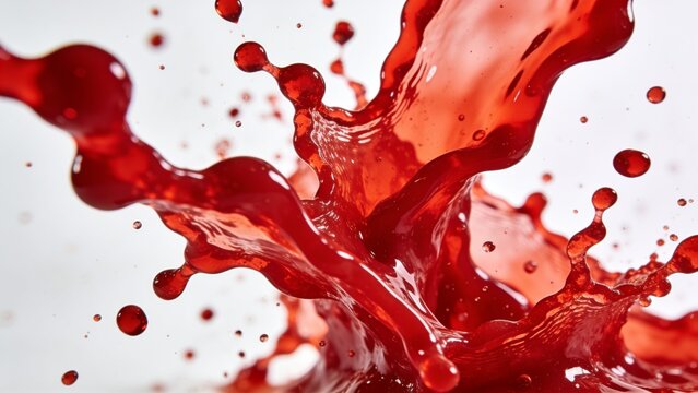 a high-resolution, dynamic photograph capturing a splash of vibrant red liquid against a plain white background. The liquid forms an intricate pattern of droplets and splashes, creating a sense of mot