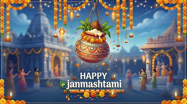 illustration of dahi handi celebration in Happy Janmashtami festival background of India