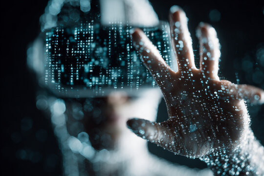 Person wearing VR virtual reality headset reaching hand forward with glowing digital matrix code projected on glass visor and body, metaverse technology concept