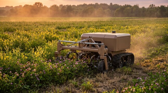 Autonomous cultivator moves through flowering cover crop rows