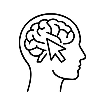 Minimalist black outline of a human head in profile with a brain and computer mouse cursor inside, symbolizing cognition, decision‑making, and interaction between mind and technology