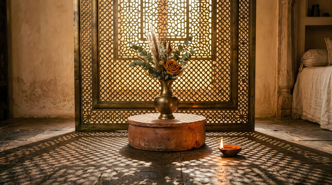 A beautiful moroccan riad courtyard featuring an ornate fountain and intricate geometric designs