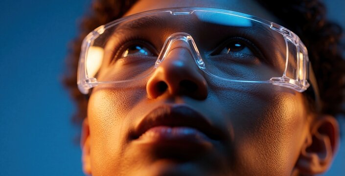 Close up of young person wearing protective safety glasses. Black person looks up with thoughtful expression. Warm orange, blue lighting creates futuristic concept. Scientist engineer imagines new